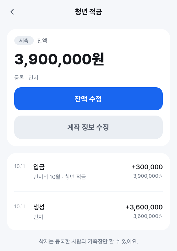청년 적금 화면. 잔액 3,900,000원, 등록 민지. 입금 +300,000 민지의 10월 · 청년 적금, 생성 +3,600,000.