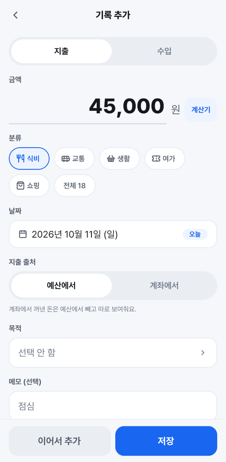 기록 추가 화면. 금액 45,000원, 분류 식비가 골라져 있고 날짜, 지출 출처, 목적, 메모 칸과 [이어서 추가] [저장] 버튼이 있어요.